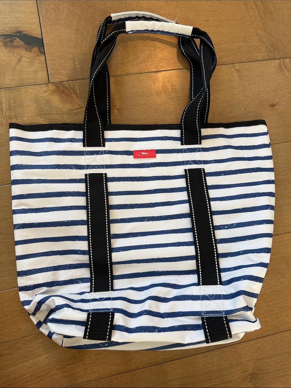 Scout Blue and White Striped Tote with Black Handles